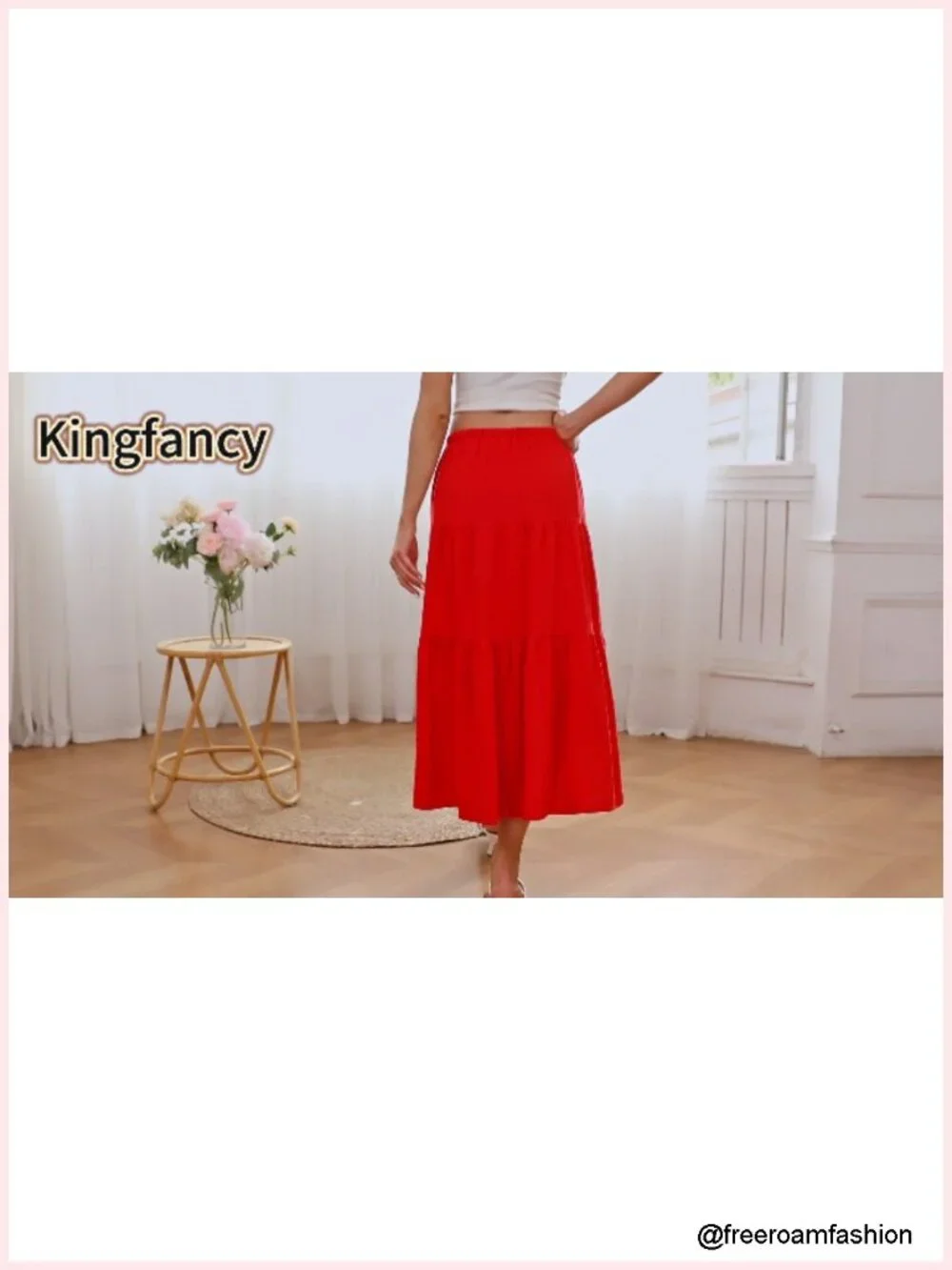 High Waist Tiered A-Line Midi Skirt Flowy Ruffle Elastic Boho
